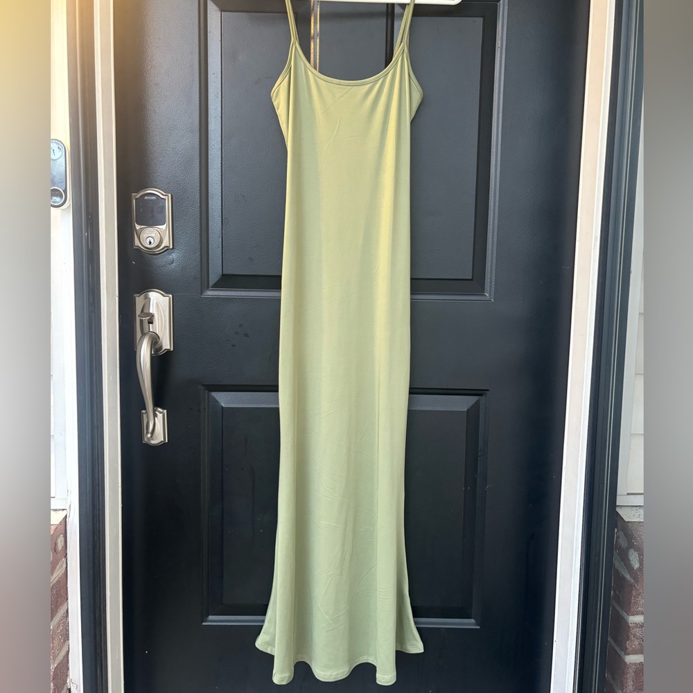 Long sage green casual dress.